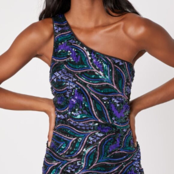 NWT Make a Statement Black Sequin One-Shoulder Bodycon Mini Dress - Picture 3 of 9